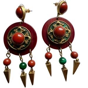 Vintage 80s earrings boho tribal wood stone brass chandelier dangles statement